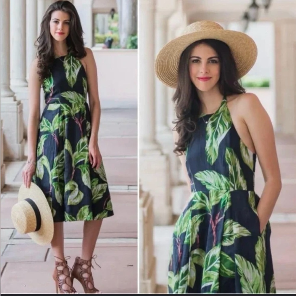 Ann Taylor Tropical Palm Leaf Halter Style Fit & Flare Dress Casual Beach Size 2